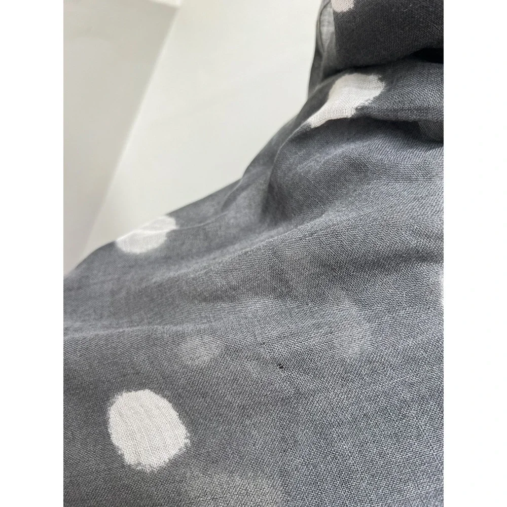 Galeries Lafayette Scarf Gray White Polka Dot Wool Frayed Fringe Wrap Shawl